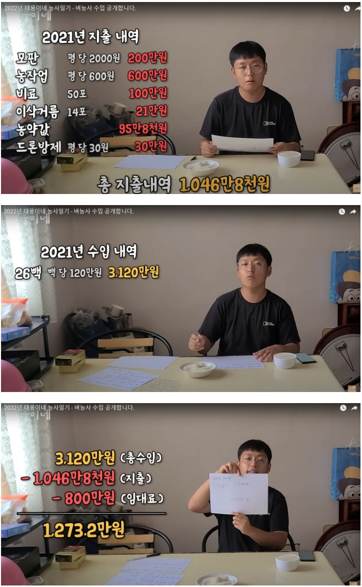 [이슈/유머] 고등학생 농부 태웅이 1만평 벼농사 수입 공개